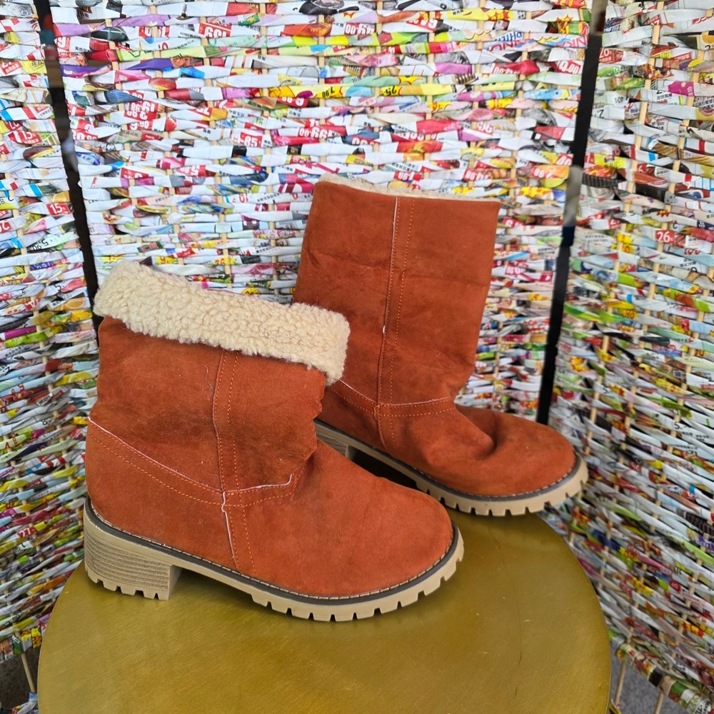 Rust Orange Faux Suede Mid Calf Boots with Faux Fur Lining Lug Sole Womens